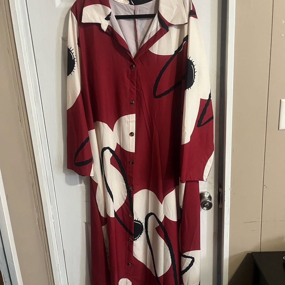SHEIN Red and White Long Sleeve Dress